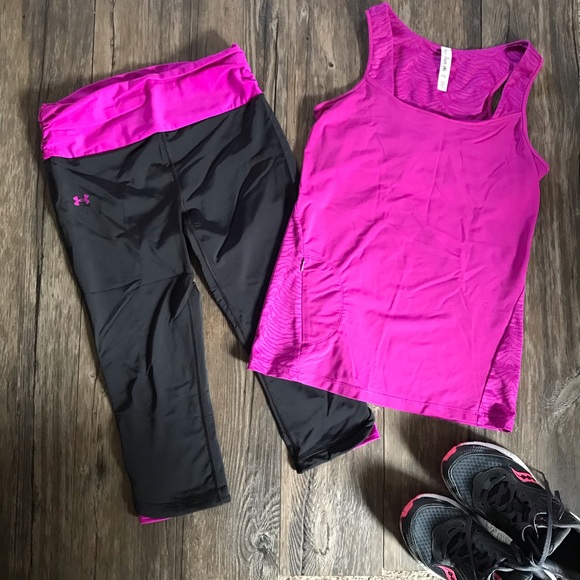 Under Armour Pants - SET!! UNDER ARMOUR Cropped Capri & KYODAN Tank 2 Pc S/M Lot! Black & Purple/Pink